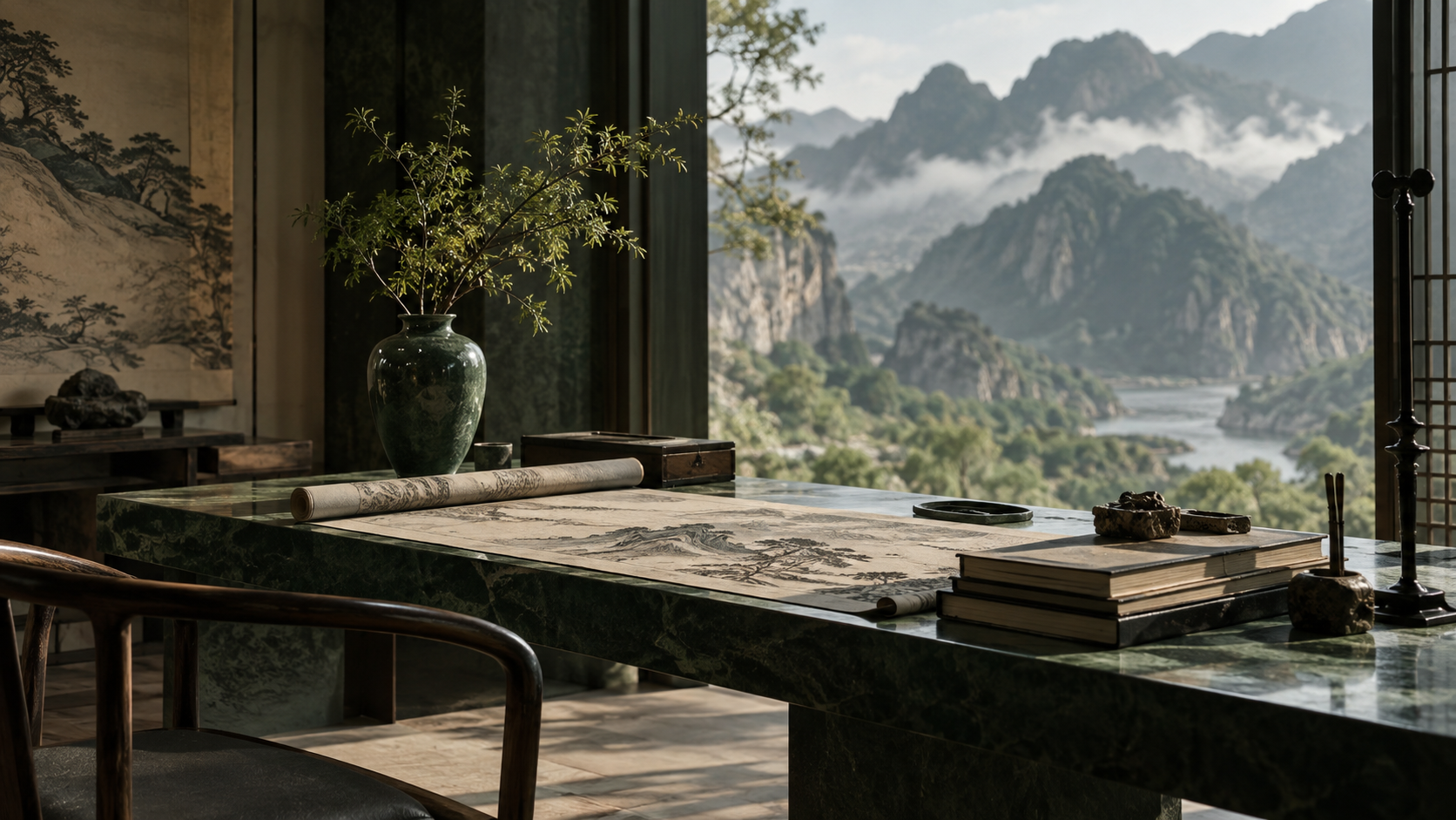 书桌与山景，呈现沉浸研读的场景